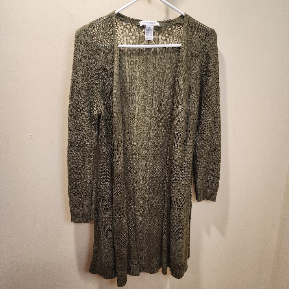 99 Jane Street Women's Olive Green Open Front Long Knitted Cardigan size S